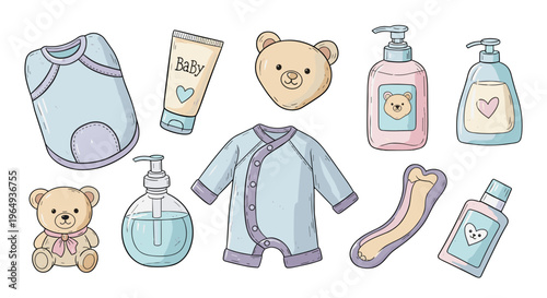 Cute baby essentials collection clothing toys and toiletries hand drawn style