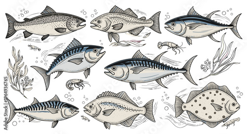 Collection of diverse seafood fish species marine life and aquatic creatures