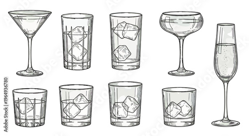 Collection of hand drawn cocktail and drink glasses filled with ice cubes