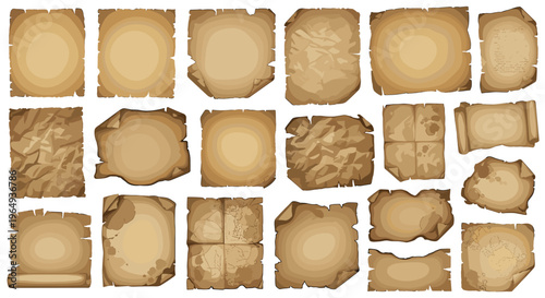 Collection of aged parchment paper textures with torn and burnt edges for vintage