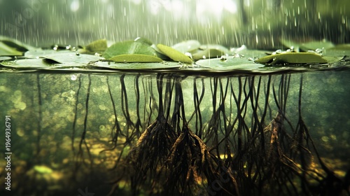 15.Detailed nature composition featuring water lily roots and stems viewed underwater, raindrops distorting the surface above, gentle green and brown hues, calm meditative scenery with open copy