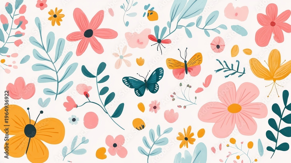 Fototapeta premium 20.Flat vector illustration with soft-colored petals, leafy motifs, geometric folk patterns, and small insects like butterflies and dragonflies, airy composition suited for Easter or spring