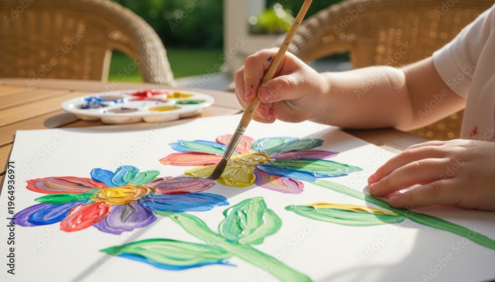 Naklejka premium A child's hand is painting a colorful flower with a paintbrush on paper, palette visible, outdoors in sunlight.