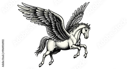 Mythical winged horse pegasus soaring gracefully with detailed feathers