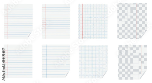 Collection of lined and gridded paper sheets including transparent background
