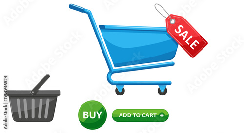 Blue shopping cart with sale tag and add to cart button e commerce concept