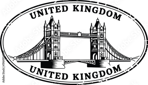 Vintage-style line art rubber stamp featuring iconic Tower Bridge of London with distressed oval border and “UNITED KINGDOM” text