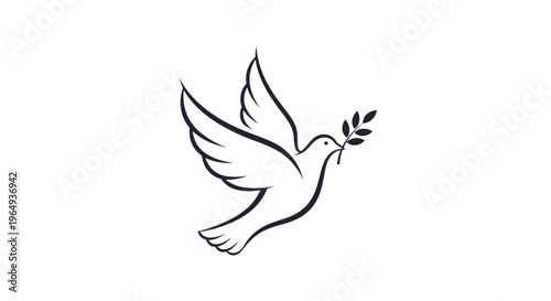 Elegant outline of a dove bird carrying a branch in its beak symbol of peace flying