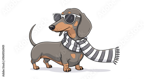 Cool dachshund dog wearing sunglasses and a striped scarf graphic illustration