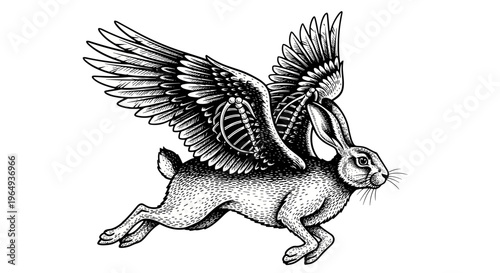 Whimsical winged rabbit with skeletal bird wings in vintage engraving style