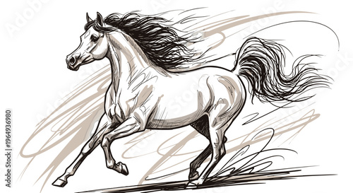 Graceful arabian horse galloping with flowing mane and tail dynamic sketch style