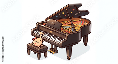 Cute Grand Piano Vector Illustration with Little Music Note Character