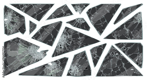 Abstract fragmentation of shattered dark grey glass surface with sharp edges