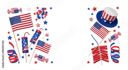 American independence day celebration symbols with flags fireworks and festive