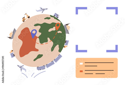 International shipping, logistics solutions, supply chain management, global mobility, delivery services, commerce. Globe with transportation vehicles and route markers. International shipping