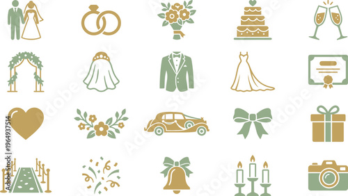 A charming collection of two-tone icons representing various romantic wedding ceremony and celebration elements.