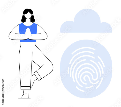 Wellness, technology, mindfulness, online security, digital identity, cloud storage. Woman in yoga pose next to a fingerprint and cloud symbol. Wellness and technology concept
