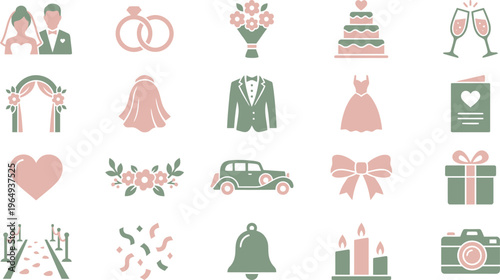 Collection of charming two-tone icons representing various elements essential for a beautiful wedding celebration.