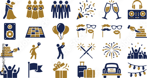 This comprehensive collection of festive celebration, party, and wedding icons illustrates various joyous event elements and traditions.
