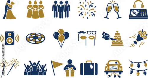 A vibrant collection of blue and gold vector icons representing various celebrations, parties, and special events.