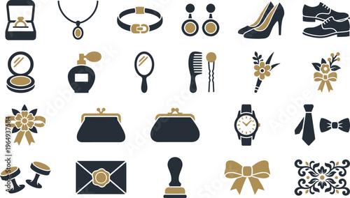 A diverse collection of elegant graphic icons showcasing fashion accessories, formal wear, and beauty items.