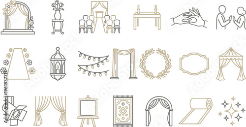 Elegant line art icons representing various essential elements for stylish wedding ceremony decoration setups.