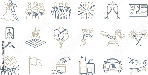 Set of elegant line icons showcasing key elements for festive celebrations, weddings, parties, and events.