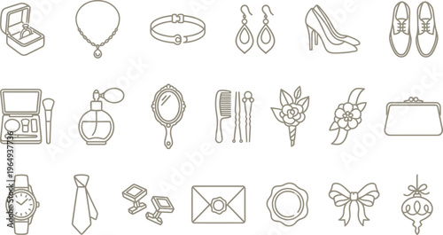 A diverse collection of elegant fashion, beauty, grooming, and accessory outline icons with subtle golden accents.