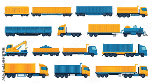 Collection of Freight Trucks and Cargo Containers on White Background