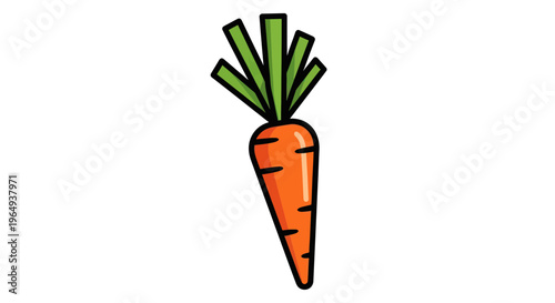 Cute cartoon carrot with green leaves, simple illustration, white background, healthy food icon