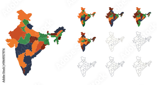 Colorful India Map with Regional Divisions and Outline Variations