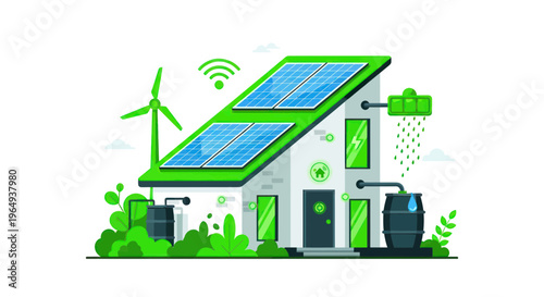 Eco-friendly smart house with solar panels, wind turbine, and rainwater harvesting