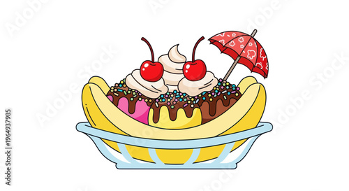 Delicious Banana Split Sundae with Cherries, Sprinkles, and Umbrella