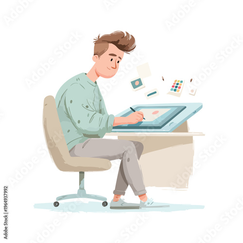 Young designer sketching on a digital tablet at a desk.