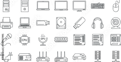 Computer Hardware and Tech Icon Set Featuring Laptops, Printers, Routers, CPU, and Peripherals for Websites, Apps, and Digital Media
