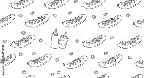 Hot Dog and Mustard Bottle Pattern for Fast Food, Snack, and Diner Illustrations