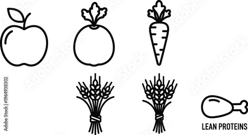 Healthy Eating Icon Set with Fruits, Vegetables, Lean Proteins, and Grains for Nutrition, Diet, and Wellness Design Projects