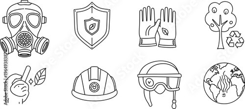 Industrial safety and environmental protection icon set featuring a gas mask protective helmet work gloves and shield symbols for eco conservation,