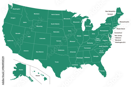Colorful map of the United States of America. USA borders in a flat style isolated on white background. Vector template.