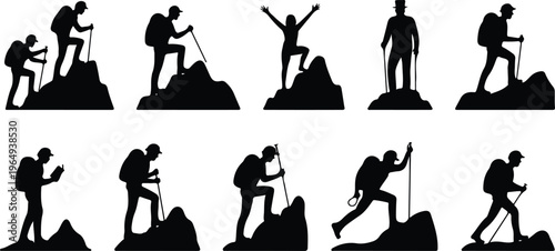 Flat line art collection of 10 climbing and hiking figures including backpacks, victory poses, crouching, and walking hikers black silhouettes