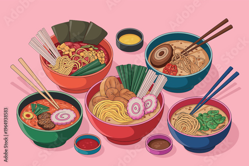 Five distinct bowls of ramen are shown from a slightly angled perspective to highlight their unique toppings. Different types of broth, proteins, and noodles are represented  