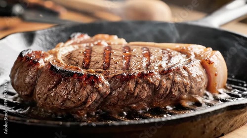 A grilled steak with grill marks on a cast iron skillet