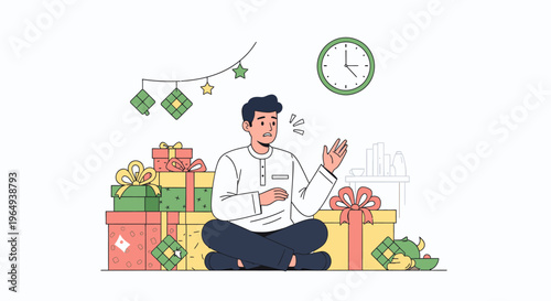 Man Sitting Among Presents In Celebration.