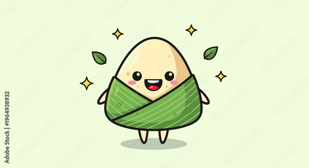 Obraz premium Cute Zongzi Mascot Wrapped in Leaf with Happy Expression.