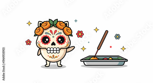 Cute sugar skull character with flowers near skillet.