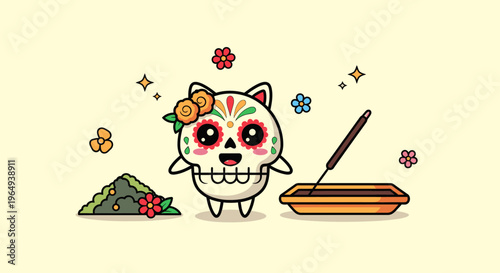 Cute Sugar Skull Kitten Illustration With Flowers.
