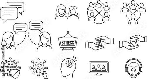 Mental Health Awareness Icon Set with Stress, Therapy, Communication, Support Network, and Psychology Symbols in Minimal Line Style Vector Collection.