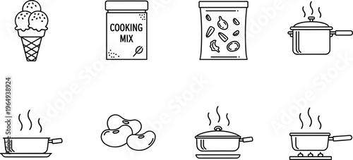 Minimalist kitchen and cooking vector line icon set featuring pots, pans on stove, ice cream, cooking mix jars, and beans for culinary recipes, food preparation guides, and restaurant menu design.