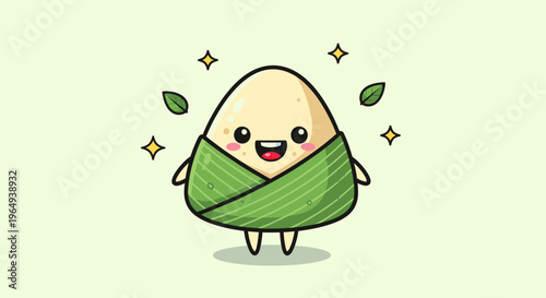 Cute Zongzi Mascot Wrapped in Leaf with Happy Expression.