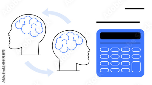 Artificial intelligence, data analysis, cognitive computing, problem-solving, machine learning, knowledge sharing. Two human brain profiles beside a digital calculator. Artificial intelligence
